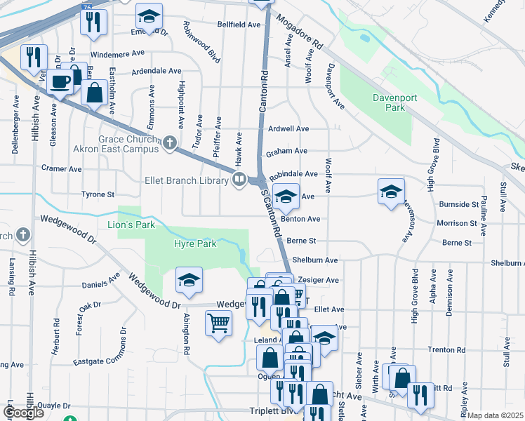 map of restaurants, bars, coffee shops, grocery stores, and more near 370 Canton Road in Akron