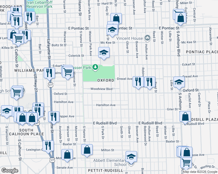 map of restaurants, bars, coffee shops, grocery stores, and more near 1010 Oxford Street in Fort Wayne