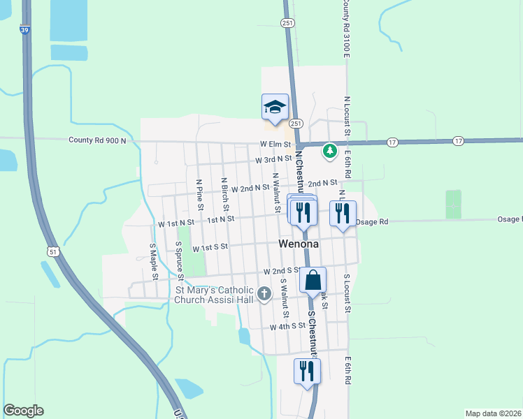 map of restaurants, bars, coffee shops, grocery stores, and more near 203 West 1st North Street in Wenona
