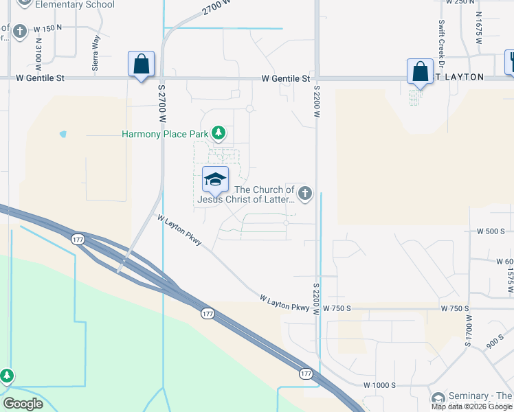 map of restaurants, bars, coffee shops, grocery stores, and more near 2397 West Harmony Drive in Layton