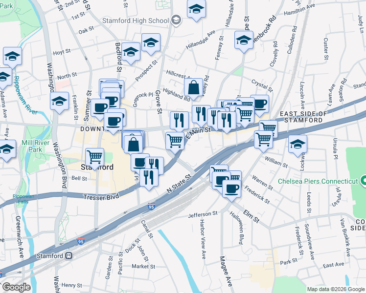 map of restaurants, bars, coffee shops, grocery stores, and more near Hawthorne St in Stamford