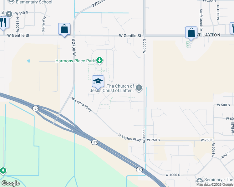 map of restaurants, bars, coffee shops, grocery stores, and more near 2397 West Harmony Drive in Layton