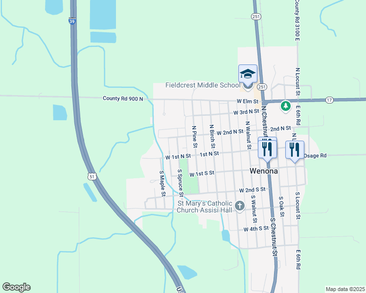 map of restaurants, bars, coffee shops, grocery stores, and more near 102 South Spruce Street in Wenona