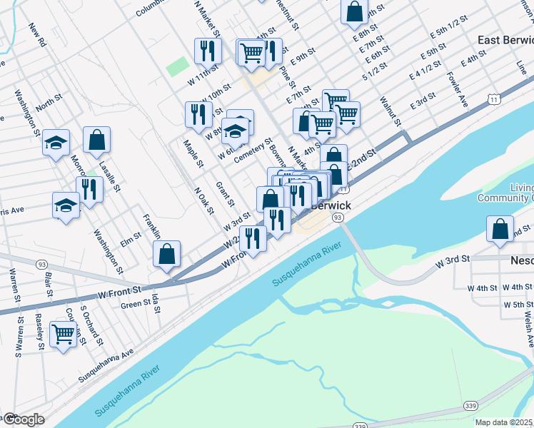 map of restaurants, bars, coffee shops, grocery stores, and more near 331 West Front Street in Berwick