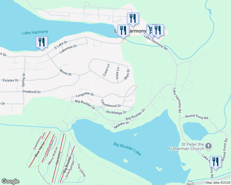 map of restaurants, bars, coffee shops, grocery stores, and more near 478 Wild Briar Court in Lake Harmony