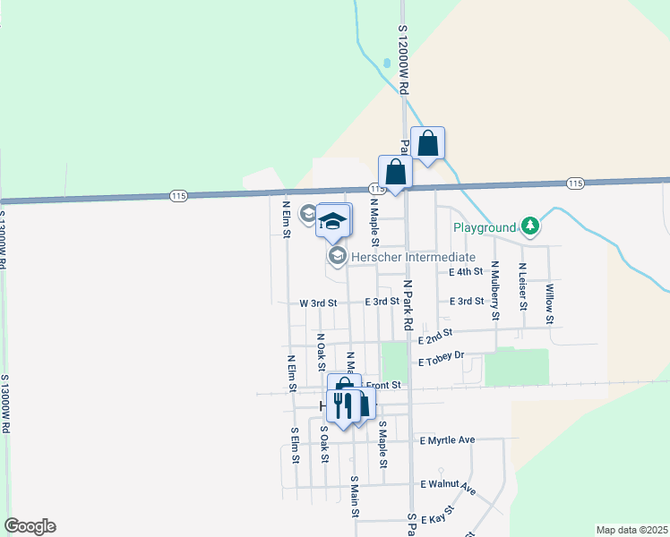 map of restaurants, bars, coffee shops, grocery stores, and more near 391 North Main Street in Herscher