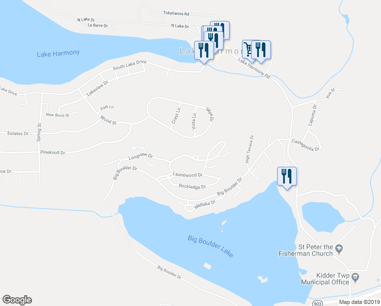 map of restaurants, bars, coffee shops, grocery stores, and more near 7 Wildbriar Court in Lake Harmony