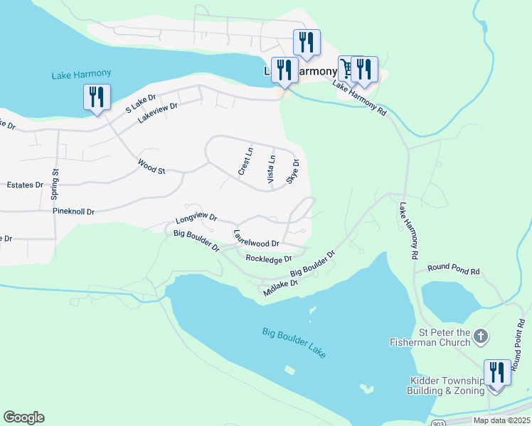 map of restaurants, bars, coffee shops, grocery stores, and more near 7 Wildbriar Court in Lake Harmony