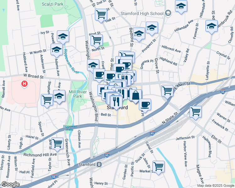 map of restaurants, bars, coffee shops, grocery stores, and more near 81 Atlantic Street in Stamford