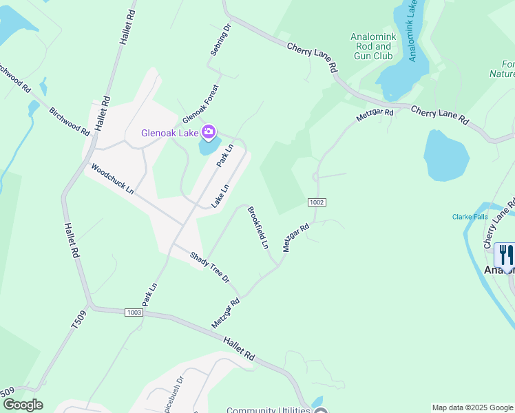 map of restaurants, bars, coffee shops, grocery stores, and more near 12 Brookfield Lane in East Stroudsburg