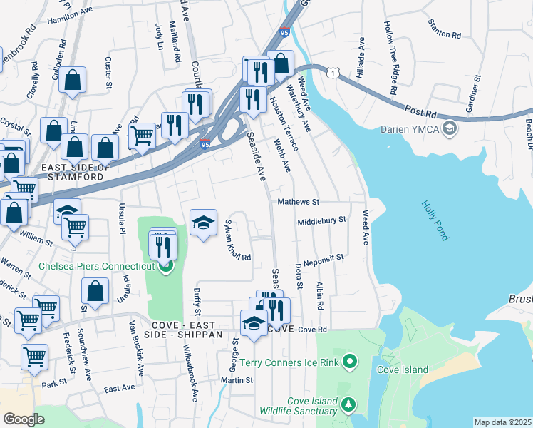 map of restaurants, bars, coffee shops, grocery stores, and more near 161 Sylvan Knoll Road in Stamford