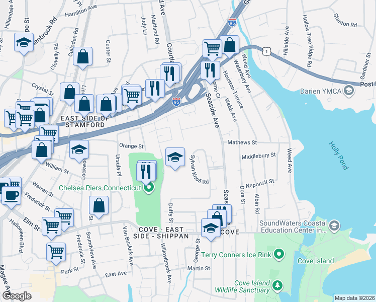 map of restaurants, bars, coffee shops, grocery stores, and more near 252 Sylvan Knoll Road in Stamford