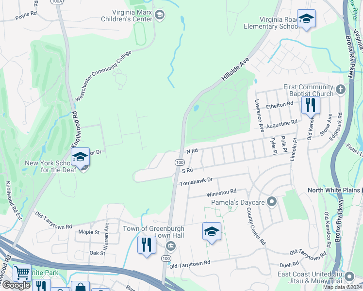 map of restaurants, bars, coffee shops, grocery stores, and more near 3 Granada Crescent in White Plains