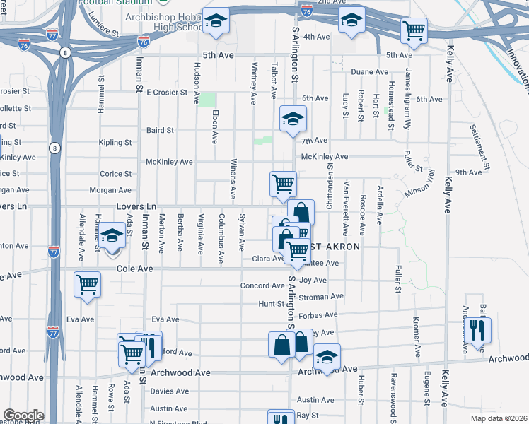 map of restaurants, bars, coffee shops, grocery stores, and more near 1016 Maywood Avenue in Akron
