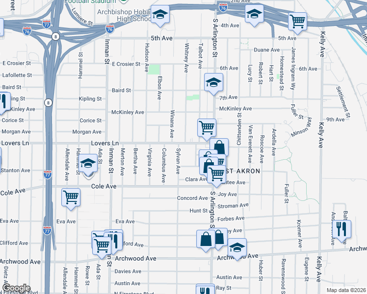 map of restaurants, bars, coffee shops, grocery stores, and more near 681 Sylvan Avenue in Akron