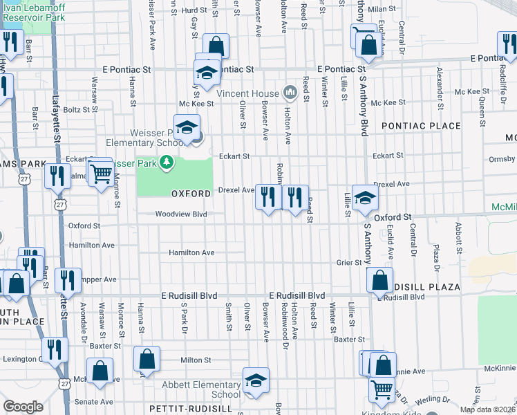 map of restaurants, bars, coffee shops, grocery stores, and more near 1223 Oxford Street in Fort Wayne