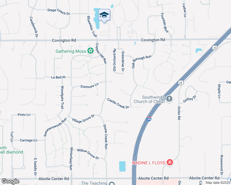 map of restaurants, bars, coffee shops, grocery stores, and more near 8630 Castle Creek Drive in Fort Wayne