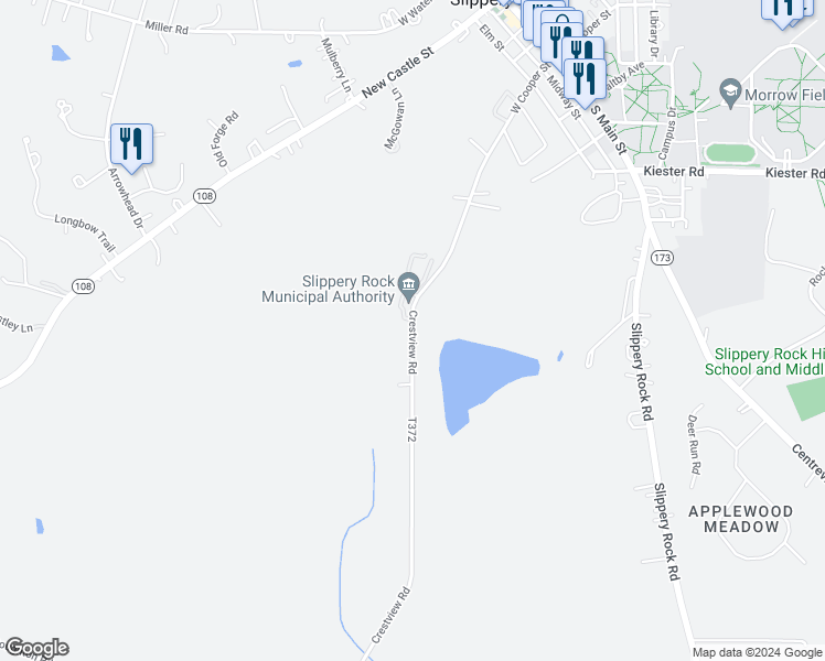 map of restaurants, bars, coffee shops, grocery stores, and more near T372 in Slippery Rock