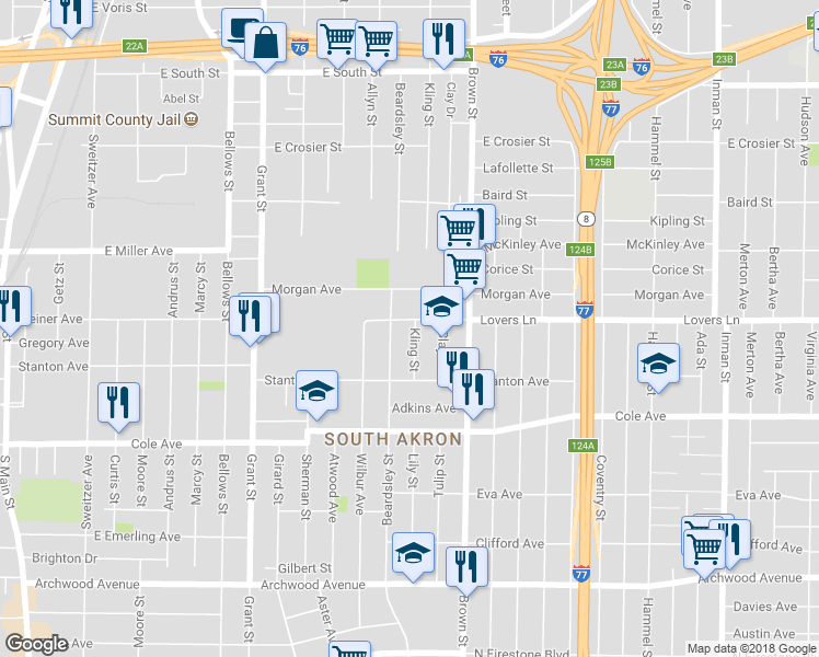 map of restaurants, bars, coffee shops, grocery stores, and more near 1012 Kling Street in Akron