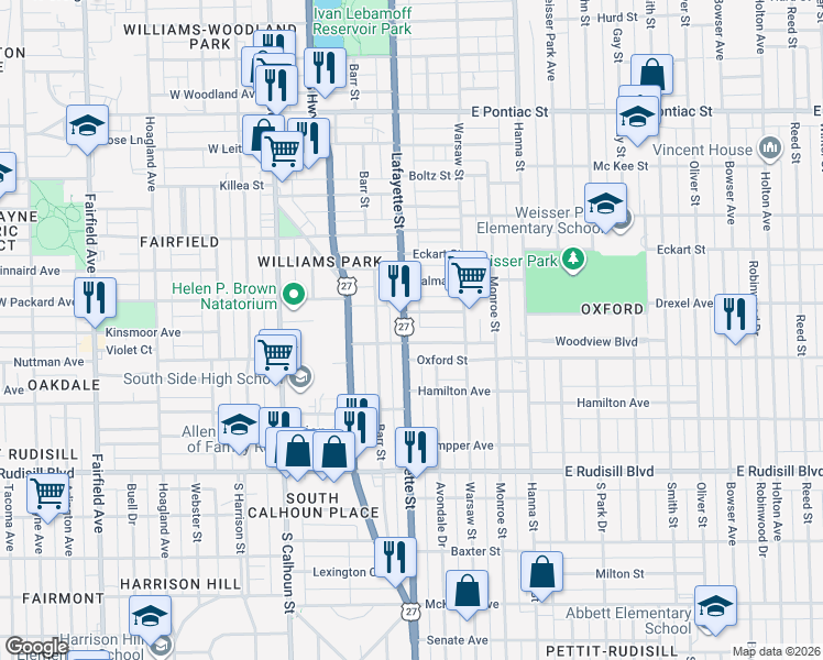 map of restaurants, bars, coffee shops, grocery stores, and more near 3327 Lafayette Street in Fort Wayne