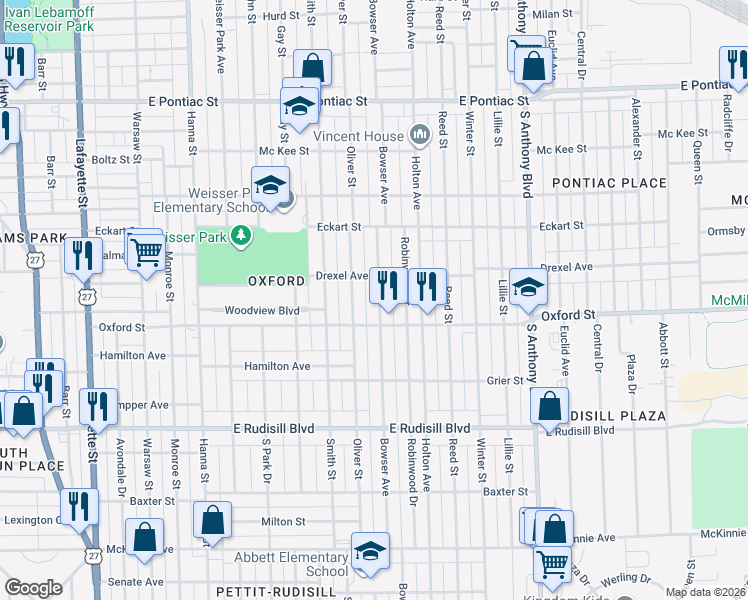 map of restaurants, bars, coffee shops, grocery stores, and more near 1223 Oxford Street in Fort Wayne
