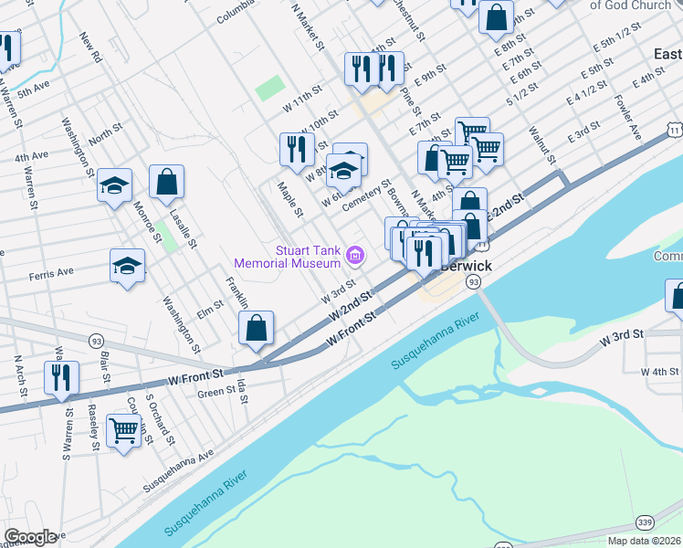 map of restaurants, bars, coffee shops, grocery stores, and more near 325327 North Vine Street in Berwick