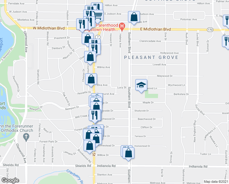 map of restaurants, bars, coffee shops, grocery stores, and more near 62 Pinehurst Avenue in Youngstown