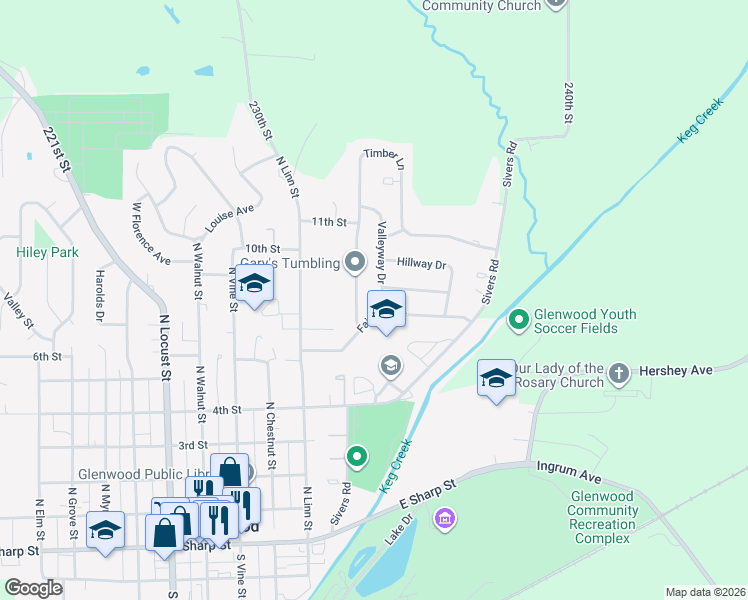 map of restaurants, bars, coffee shops, grocery stores, and more near 904 Valleyway Drive in Glenwood