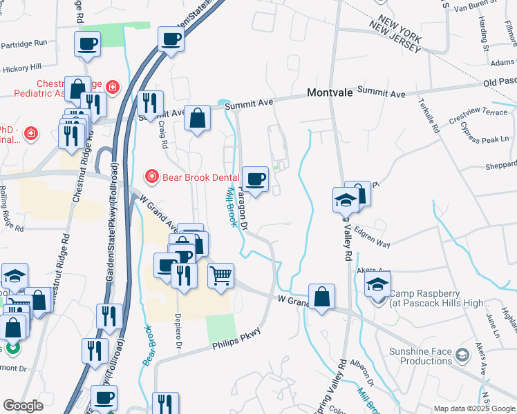 map of restaurants, bars, coffee shops, grocery stores, and more near 3 Paragon Drive in Montvale