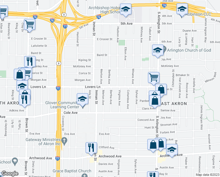 map of restaurants, bars, coffee shops, grocery stores, and more near 854 Lovers Lane in Akron