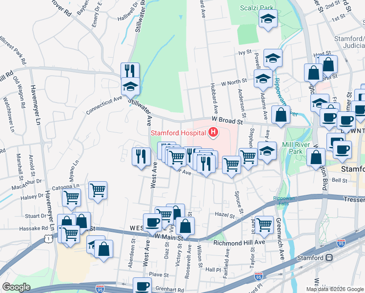 map of restaurants, bars, coffee shops, grocery stores, and more near 12 Carolina Road in Stamford