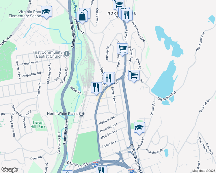 map of restaurants, bars, coffee shops, grocery stores, and more near North Broadway in White Plains