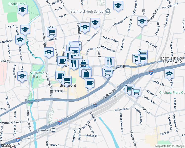 map of restaurants, bars, coffee shops, grocery stores, and more near 201 Broad Street in Stamford