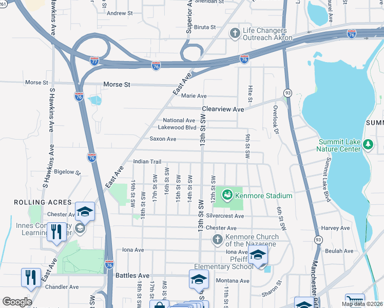 map of restaurants, bars, coffee shops, grocery stores, and more near 878 Saxon Avenue in Akron
