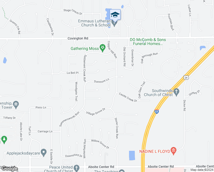 map of restaurants, bars, coffee shops, grocery stores, and more near 8824 Dunmore Ln in Fort Wayne