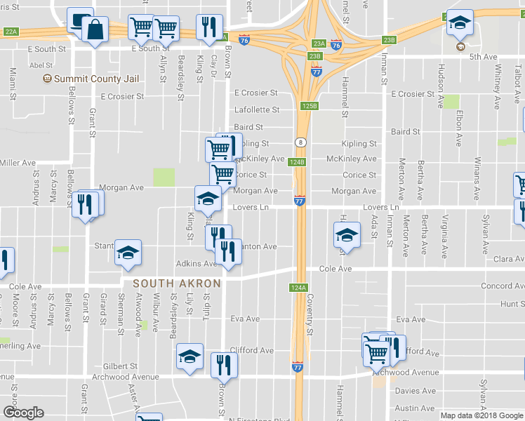 map of restaurants, bars, coffee shops, grocery stores, and more near 586 Lovers Lane in Akron