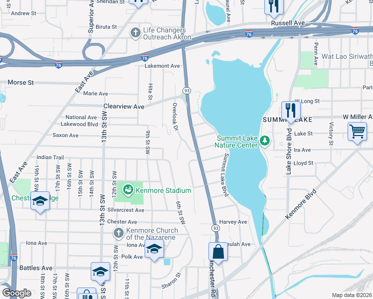 map of restaurants, bars, coffee shops, grocery stores, and more near 1603 Overlook Drive in Akron