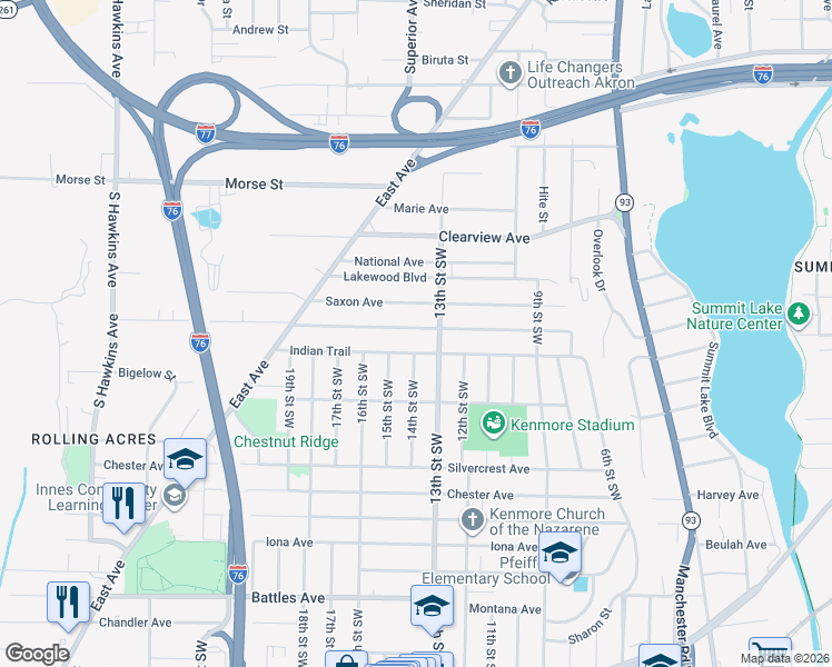 map of restaurants, bars, coffee shops, grocery stores, and more near 878 Saxon Avenue in Akron