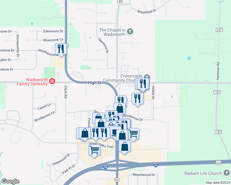 map of restaurants, bars, coffee shops, grocery stores, and more near 1165 High Street in Wadsworth