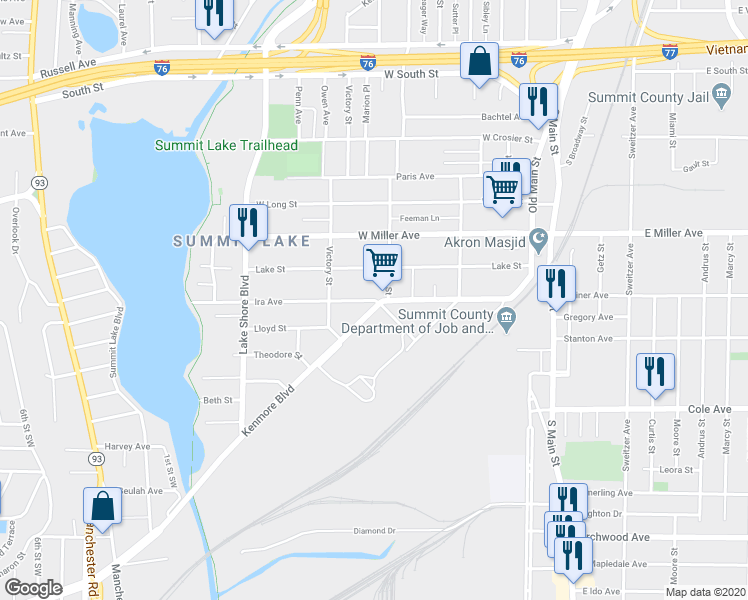 map of restaurants, bars, coffee shops, grocery stores, and more near 200 Ira Avenue in Akron