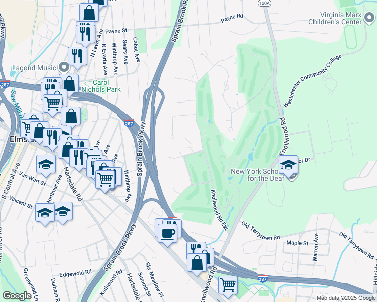 map of restaurants, bars, coffee shops, grocery stores, and more near 25 Old Knollwood Road in Elmsford