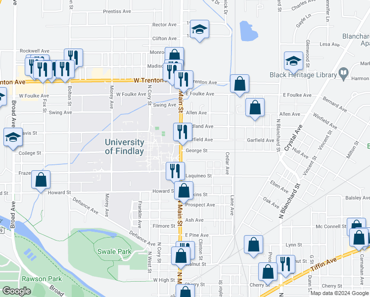 map of restaurants, bars, coffee shops, grocery stores, and more near 1041 North Main Street in Findlay