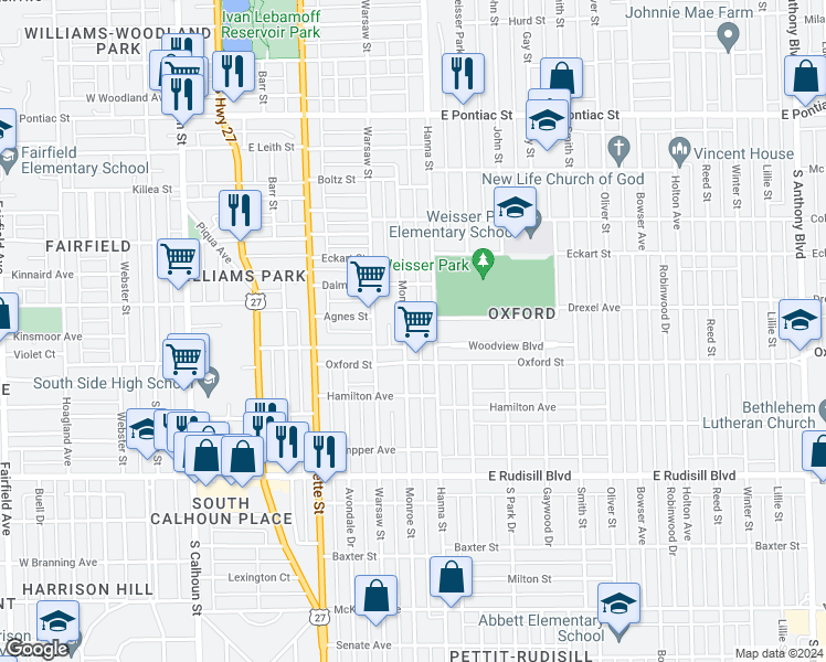map of restaurants, bars, coffee shops, grocery stores, and more near 3315 Monroe Street in Fort Wayne