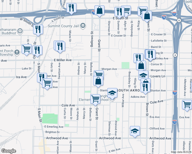 map of restaurants, bars, coffee shops, grocery stores, and more near 1044 Grant Street in Akron