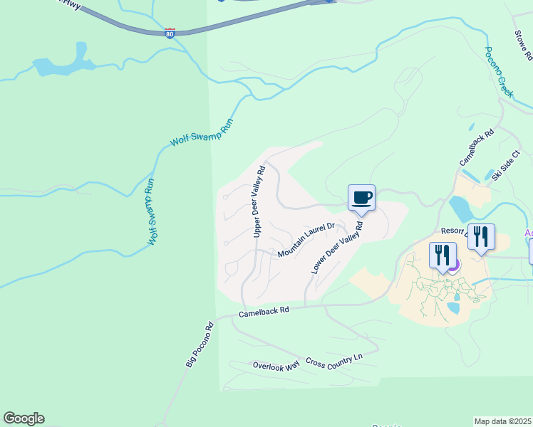 map of restaurants, bars, coffee shops, grocery stores, and more near Mountain Laurel Drive in Monroe County