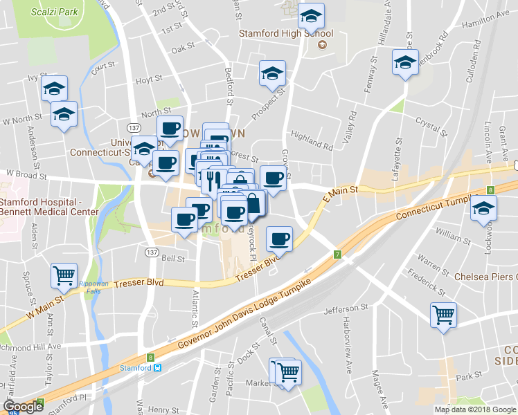 map of restaurants, bars, coffee shops, grocery stores, and more near 177 Broad Street in Stamford