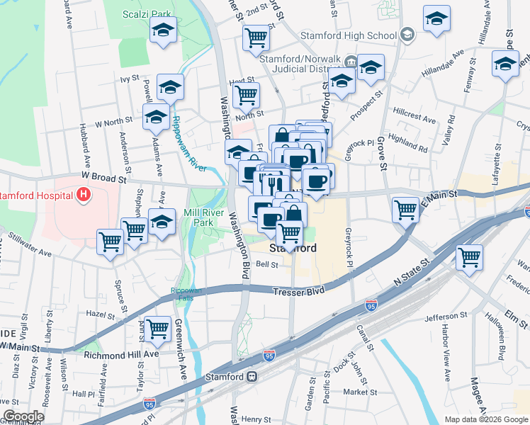 map of restaurants, bars, coffee shops, grocery stores, and more near 229 Summer Street in Stamford