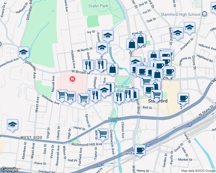 map of restaurants, bars, coffee shops, grocery stores, and more near 80 Mill River Street in Stamford