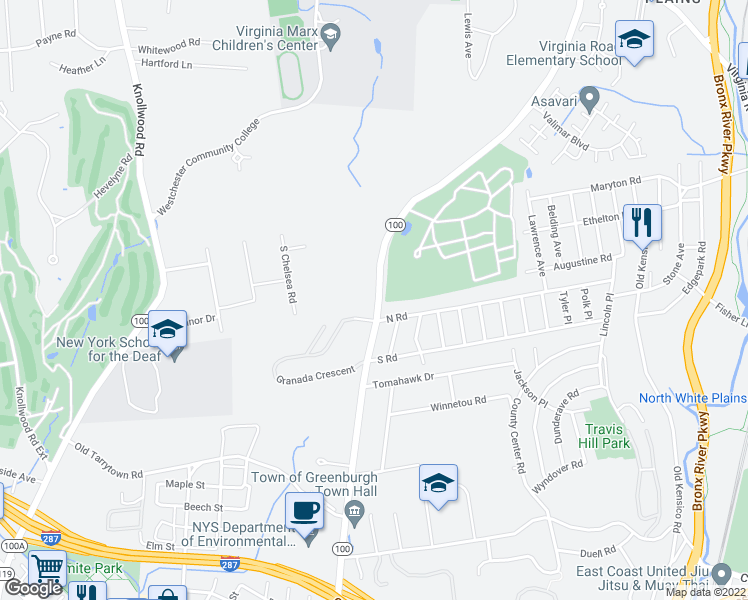 map of restaurants, bars, coffee shops, grocery stores, and more near 212 North Road in White Plains