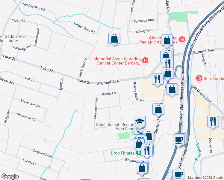 map of restaurants, bars, coffee shops, grocery stores, and more near 362 West Grand Avenue in Montvale